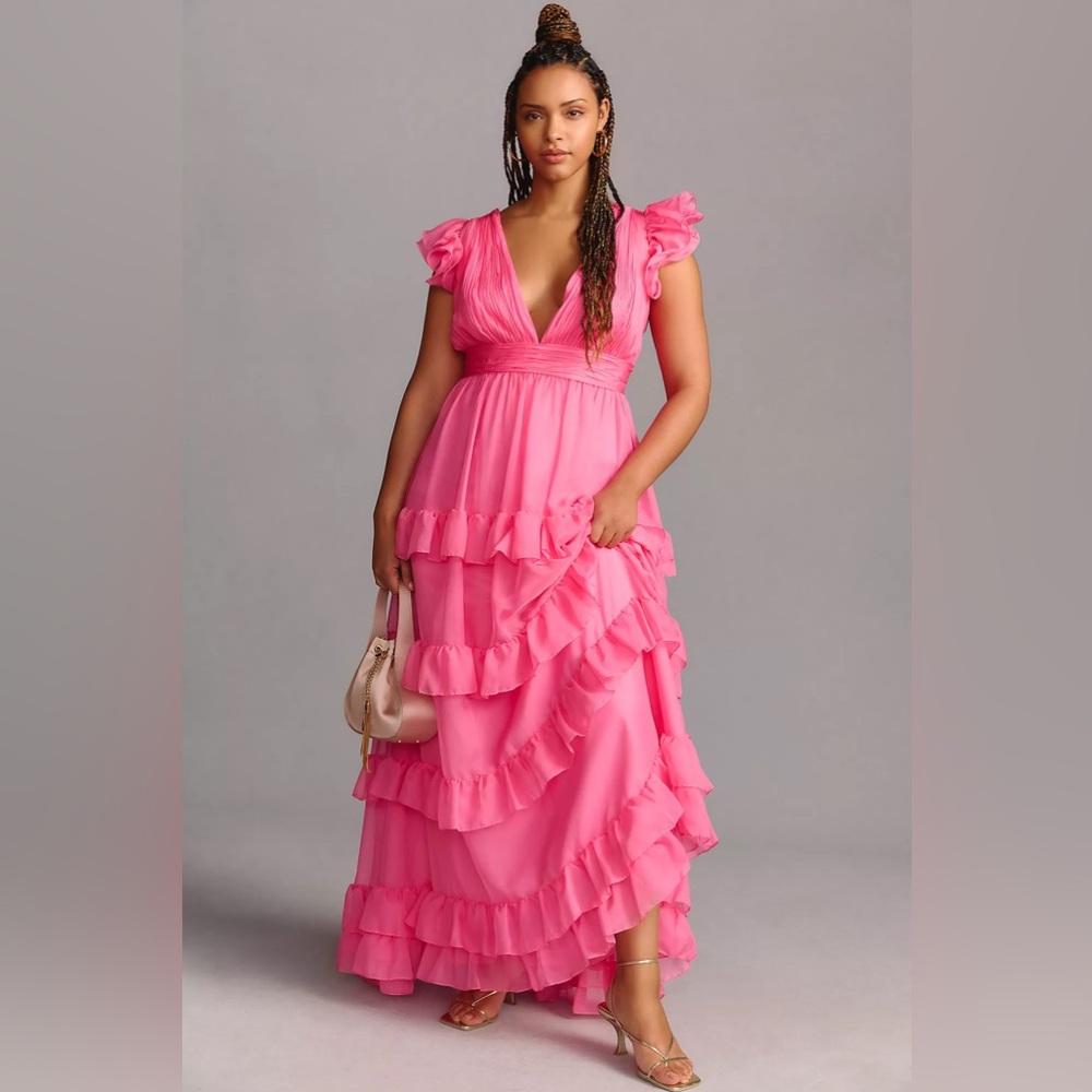 MAC DUGGAL Tiered V-Neckline Ruched Gown Anthropologie